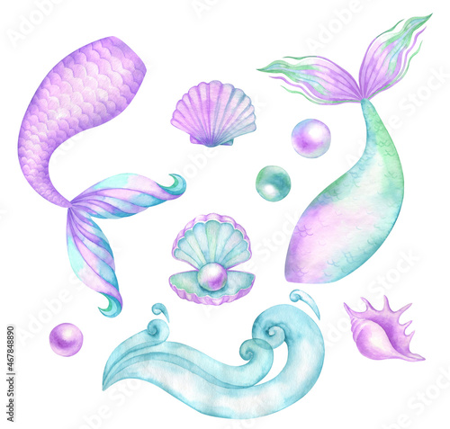 Watercolor mermaid tails pearl waves