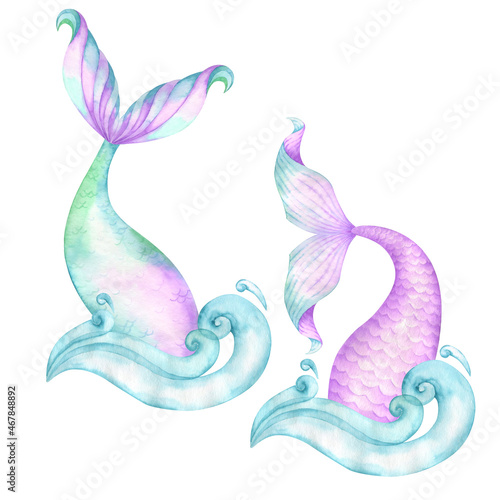 Watercolor mermaid tails pearl waves
