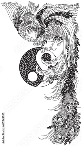 Chinese phoenix or Feng Huang Fenghuang mythological bird and Yin Yang symbol. One of celestial feng shui animals. Graphic style vector illustration. Black and white