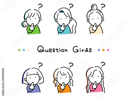 いろいろな髪型の女性が疑問を持っているシンプルなイラストセット