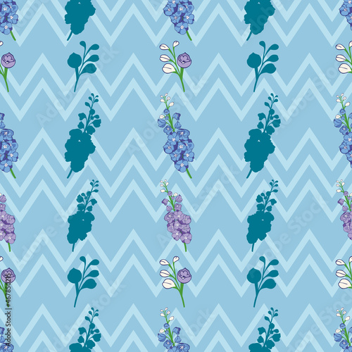 Delphinium flowers seamless vector pattern on blue chevron background Tapéta, Fotótapéta