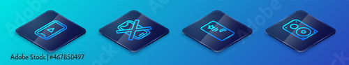 Set Isometric line Backstage, Online play video, Stereo speaker and No cell phone icon. Vector