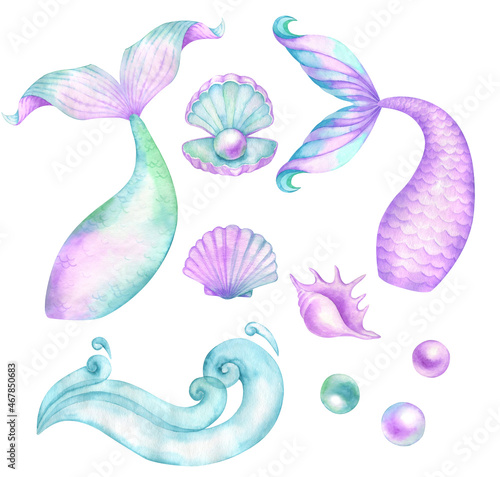 Watercolor mermaid tails waves seashell pearl