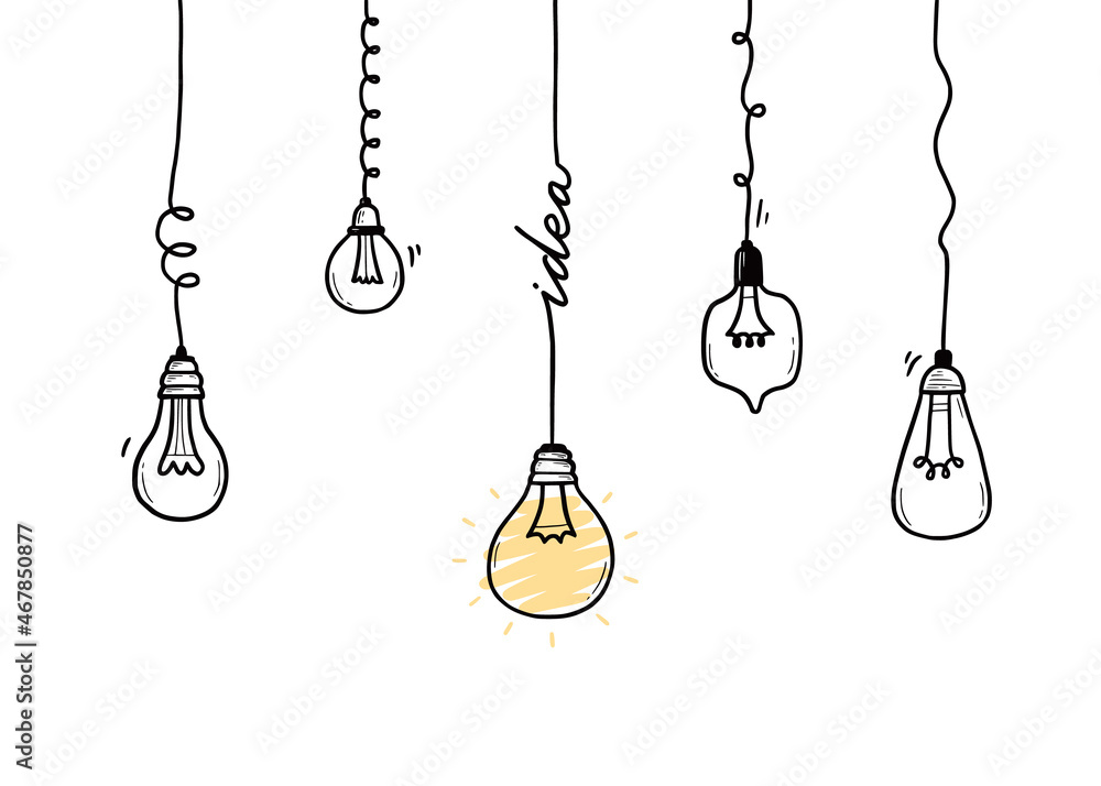 Idea light bulb. Doodle hand drawn sketch style lamp. Concept of business idea, solution, brainstorm. Lightbulb with line curve. Pencil draw style vector illustration. Idea light bulb. Doodle hand drawn sketch style lamp. Concept of business idea, solution, brainstorm. Lightbulb with line curve. Pencil draw style vector illustration.