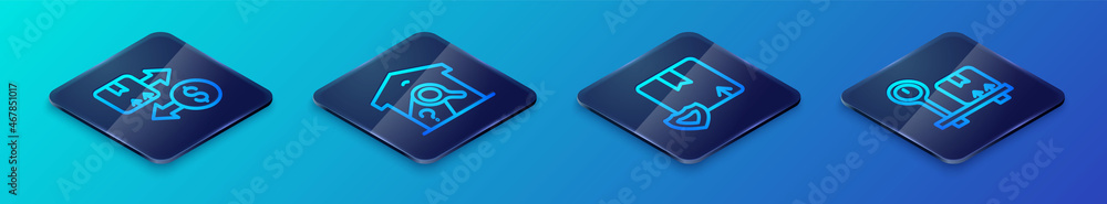 Set Isometric line Delivery security with shield, Tax cardboard box, Scale and Warehouse check icon. Vector Set Isometric line Delivery security with shield, Tax cardboard box, Scale and Warehouse check icon. Vector