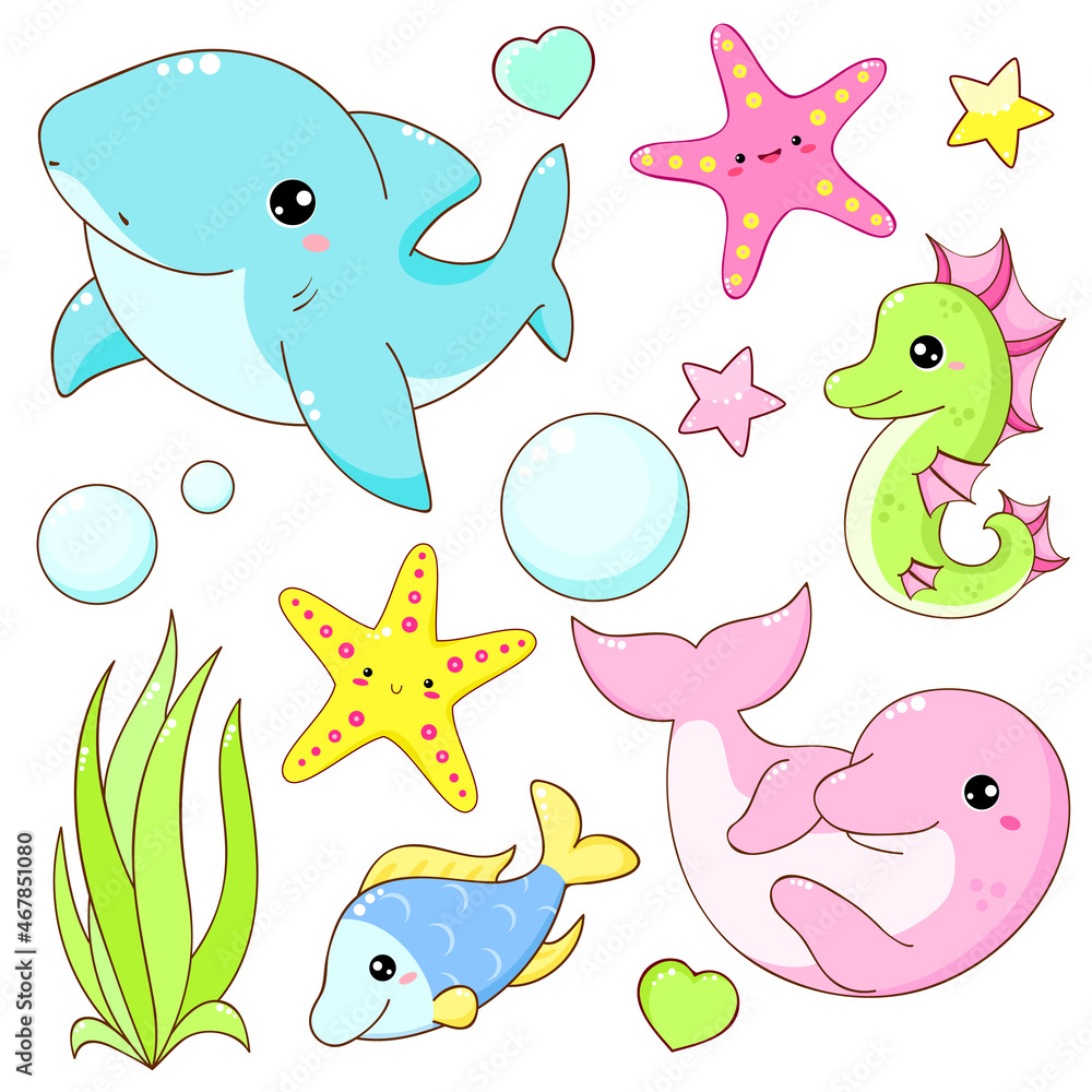 Set of sea animals in kawaii style. Collection- little shark, cute dolphin, fish, seahorse, starfish Set of sea animals in kawaii style. Collection- little shark, cute dolphin, fish, seahorse, starfish