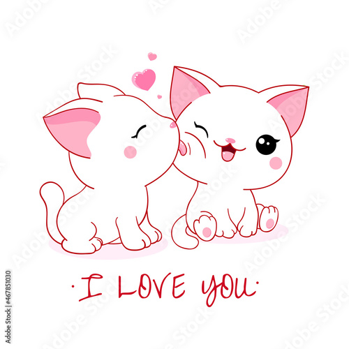 Cute Valentine card in kawaii style. Two lovely cats with big pink heart. Inscription I love you. Can be used for t-shirt print, stickers, greeting card design. Vector illustration EPS8