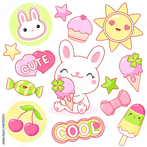 Set of cute yummy stickers in kawaii style. Lovely white bunny with ice cream, popsicle, cake, cherry, bow. Funny summer cartoon collection. Vector illustration EPS8