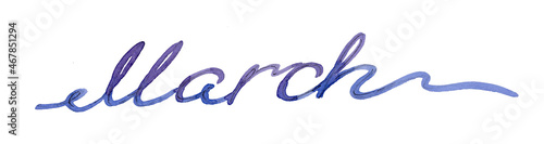 Watercolor continuous blue and violet one line drawing lettering spring month March on white background photo