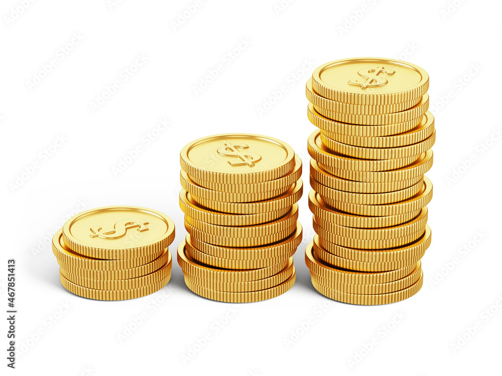 Growth earnings concept. Stack of gold coins isolated on white. 3d rendering Growth earnings concept. Stack of gold coins isolated on white. 3d rendering