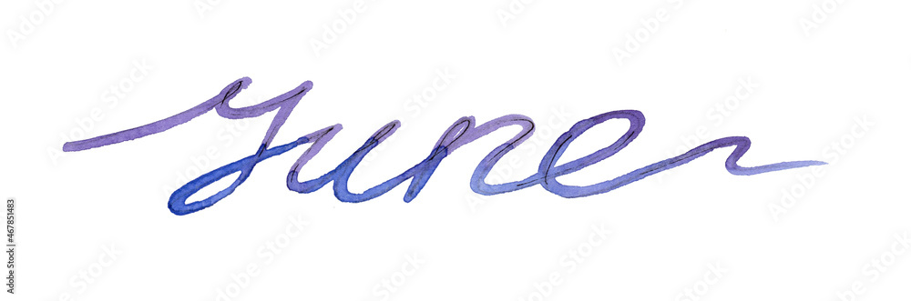 Watercolor continuous blue and violet one line drawing lettering summer month June on white background Watercolor continuous blue and violet one line drawing lettering summer month June on white background