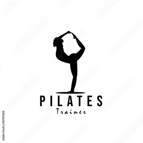 Sitting Pose Pilates Woman Silhouette, Girl with Beauty Body Hair and Face at gym logo design 
