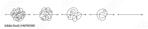 Simplifying process. Understand info step by step. Business solution concept. Chaos lines with arrows. Solving mental problems. Hand drawn doodle vector illustration isolated on white background.