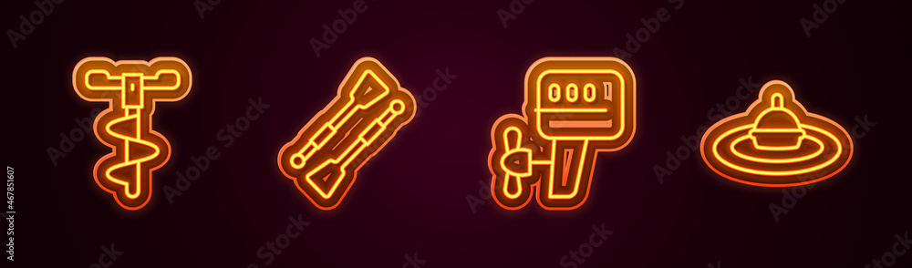 Set line Hand ice drill, Oars or paddles boat, Outboard motor and Fishing float in water. Glowing neon icon. Vector Set line Hand ice drill, Oars or paddles boat, Outboard motor and Fishing float in water. Glowing neon icon. Vector