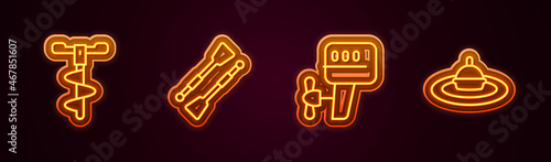 Set line Hand ice drill, Oars or paddles boat, Outboard motor and Fishing float in water. Glowing neon icon. Vector