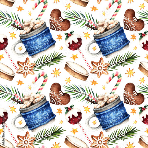 Watercolor illustration, Warm winter, composition with cocoa mug, marshmallows, gingerbread cookies, pop cake, candy stick. Handmade. Background light, seamless pattern