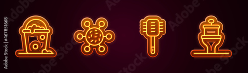 Set line Bucket with foam and bubbles, Bacteria, Toilet brush and bowl. Glowing neon icon. Vector