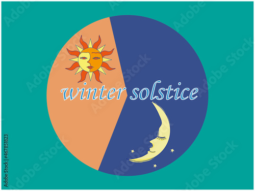 冬至、winter solsticeの太陽と月のイラスト