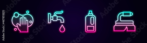Set line Sponge, Water tap, Bottle for detergent and Brush cleaning. Glowing neon icon. Vector