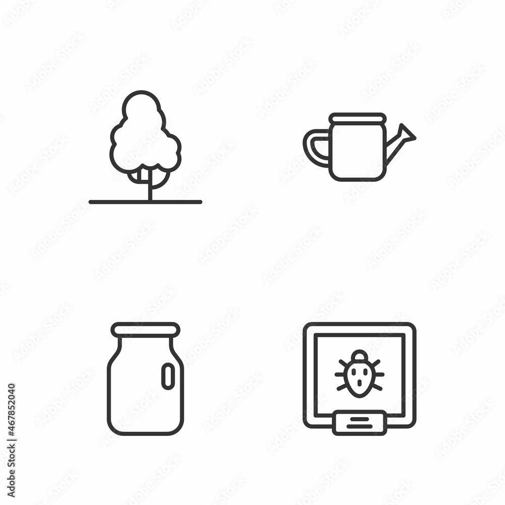 Set line Colorado beetle, Glass jar with screw-cap, Fruit tree and Watering can icon. Vector Set line Colorado beetle, Glass jar with screw-cap, Fruit tree and Watering can icon. Vector