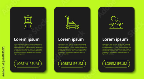 Set line Water tower, Lawn mower and Plant sprouts grow in the sun. Business infographic template. Vector