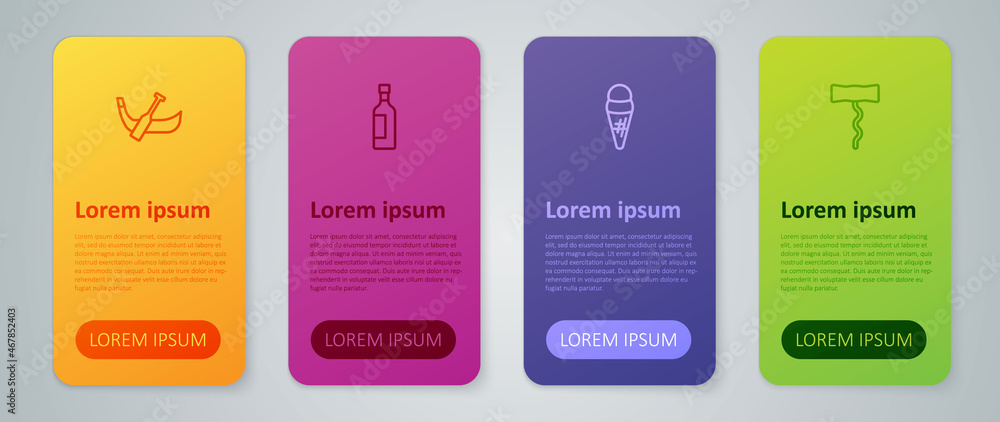 Set line Ice cream in waffle, Wine corkscrew, Gondola boat and Bottle of wine. Business infographic template. Vector Set line Ice cream in waffle, Wine corkscrew, Gondola boat and Bottle of wine. Business infographic template. Vector