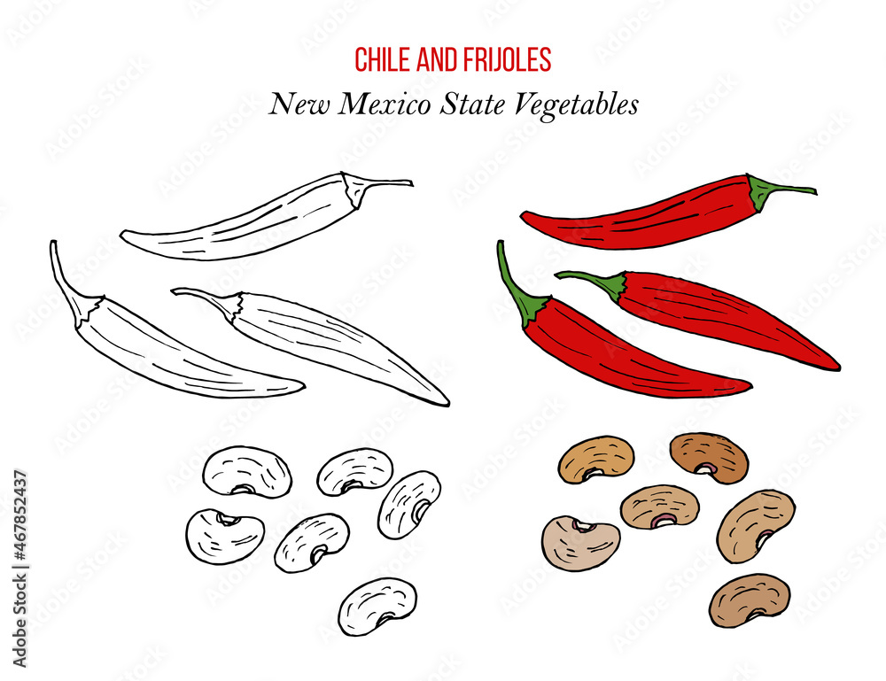 Obraz premium Chile pepper and frijoles pinto beans , official New Mexico state vegetables
