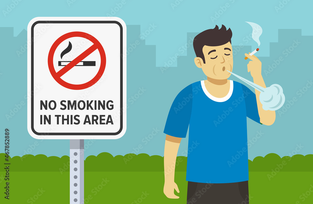 Smoking cigarettes in public places.Young male character holding cigarette and blow out smoke. No smoking in this area warning sign close up. Flat vector illustration template. Smoking cigarettes in public places.Young male character holding cigarette and blow out smoke. No smoking in this area warning sign close up. Flat vector illustration template.