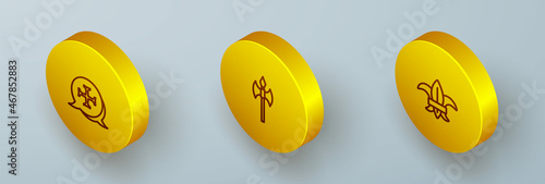 Set Isometric line Crusade, Medieval axe and Fleur lys or lily flower icon. Vector