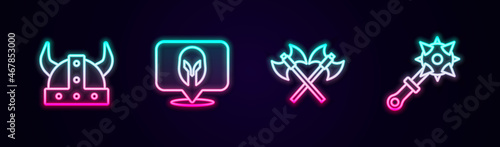 Set line Viking in horned helmet, Medieval, Crossed medieval axes and Mace with spikes. Glowing neon icon. Vector