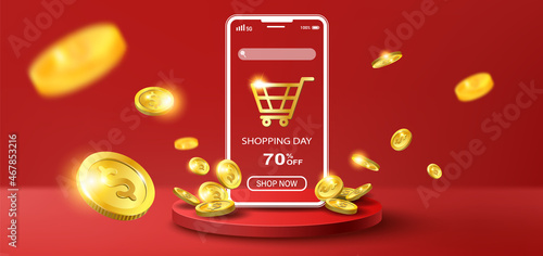 Online shopping and money on application concept, digital marketing online with golden coins falling.