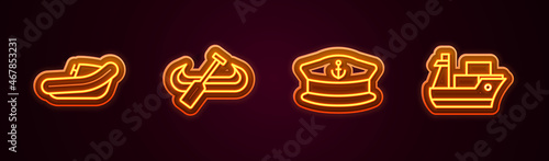 Set line Inflatable boat with motor, Kayak and paddle, Captain hat and Cargo ship. Glowing neon icon. Vector