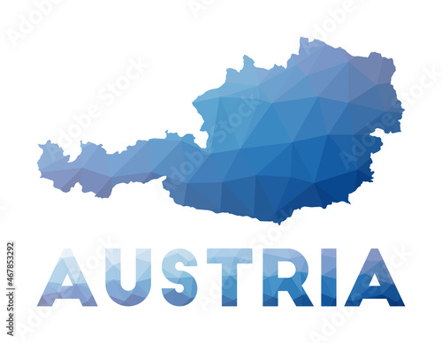 Low poly map of Austria. Geometric illustration of the country. Austria polygonal map. Technology, internet, network concept. Vector illustration.