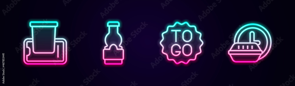 Set line Food ordering on mobile, Sauce bottle, Coffee cup to go and Round the clock delivery. Glowing neon icon. Vector Set line Food ordering on mobile, Sauce bottle, Coffee cup to go and Round the clock delivery. Glowing neon icon. Vector