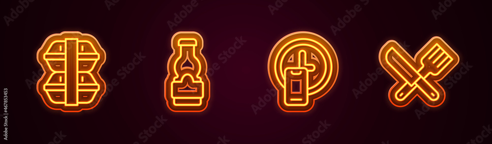 Set line Lunch box, Sauce bottle, Round the clock delivery and Crossed knife and fork. Glowing neon icon. Vector Set line Lunch box, Sauce bottle, Round the clock delivery and Crossed knife and fork. Glowing neon icon. Vector