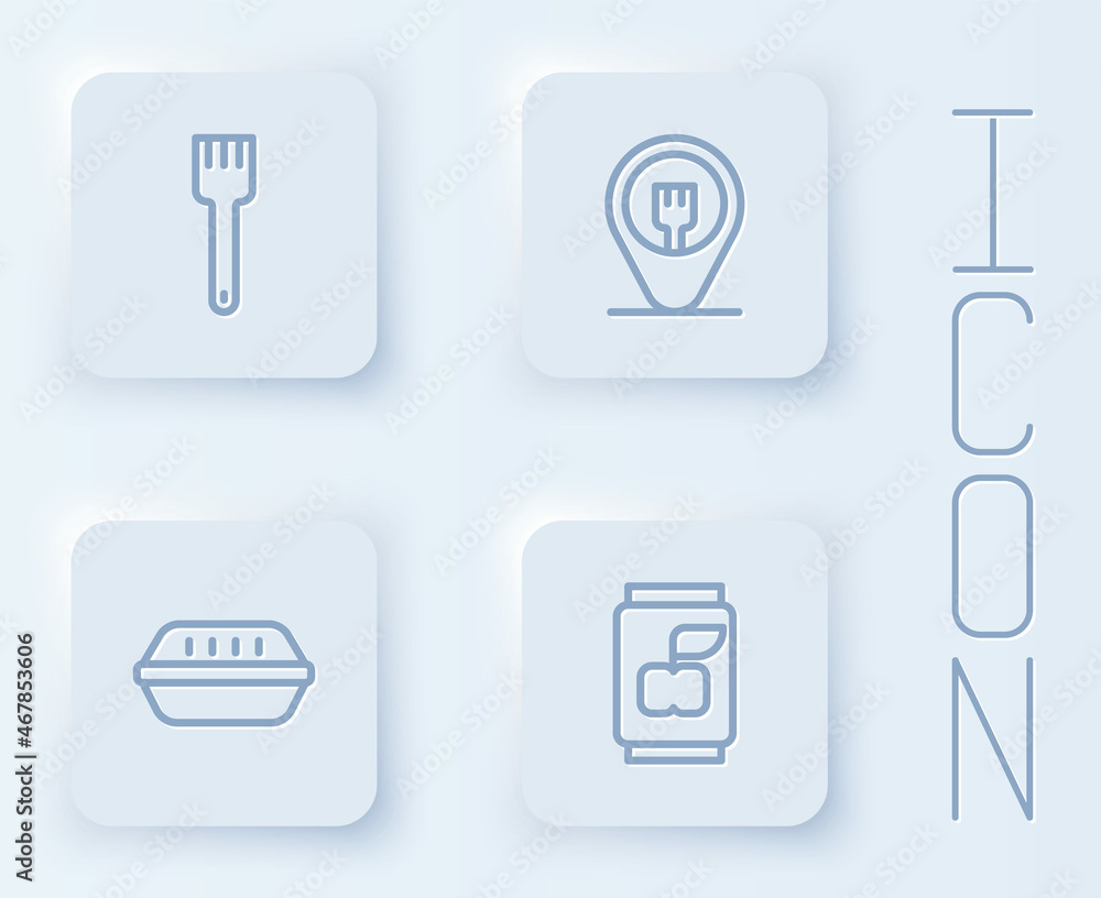 Set line Fork, Cafe and restaurant location, Lunch box and Soda can. White square button. Vector Set line Fork, Cafe and restaurant location, Lunch box and Soda can. White square button. Vector