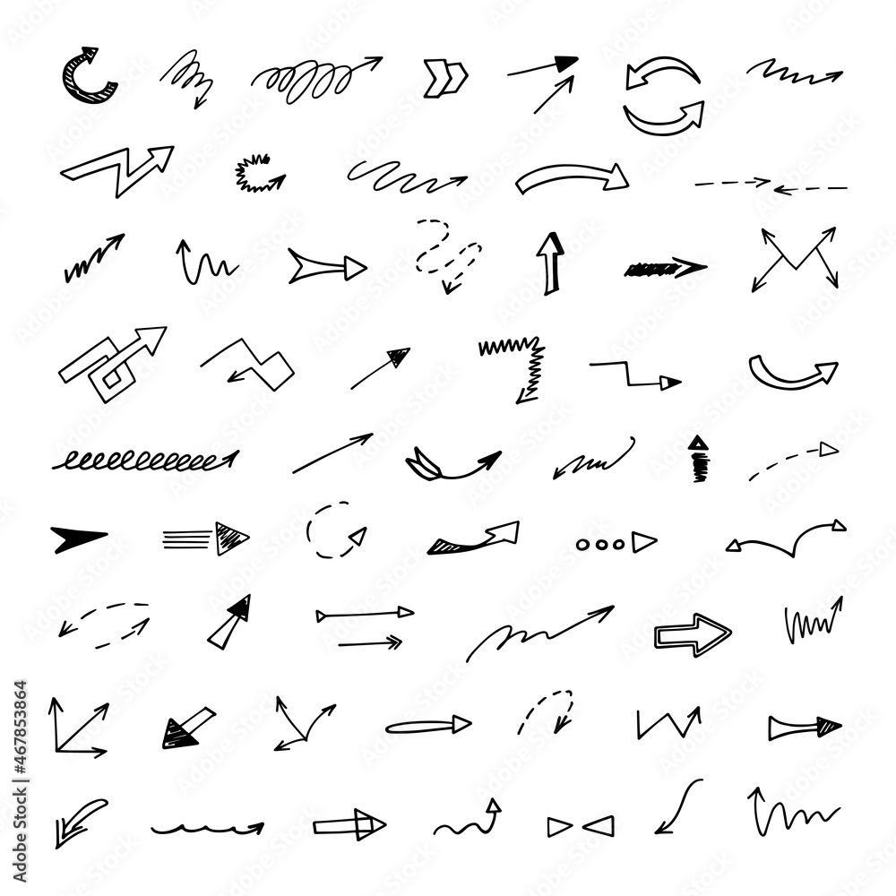 Vector set of hand-drawn arrows, elements for presentation