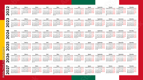 2022 2023 2024 2025 2026 2027 spanish monthly calendar grid, vector template