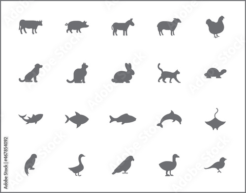 Set of animal and Pet line style. It contains such as cat  dog  fish  sea creatures  tuna  seafood  pork  lamb and other elements.