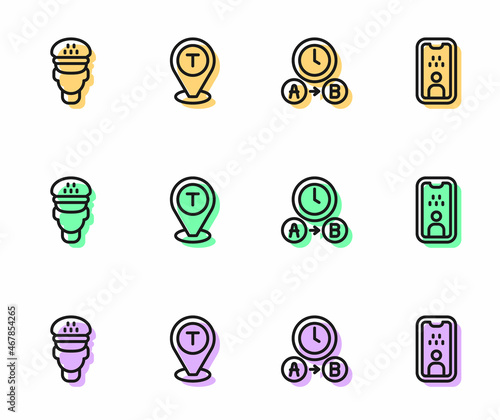 Set line Taxi waiting time, driver, Location taxi car and license icon. Vector