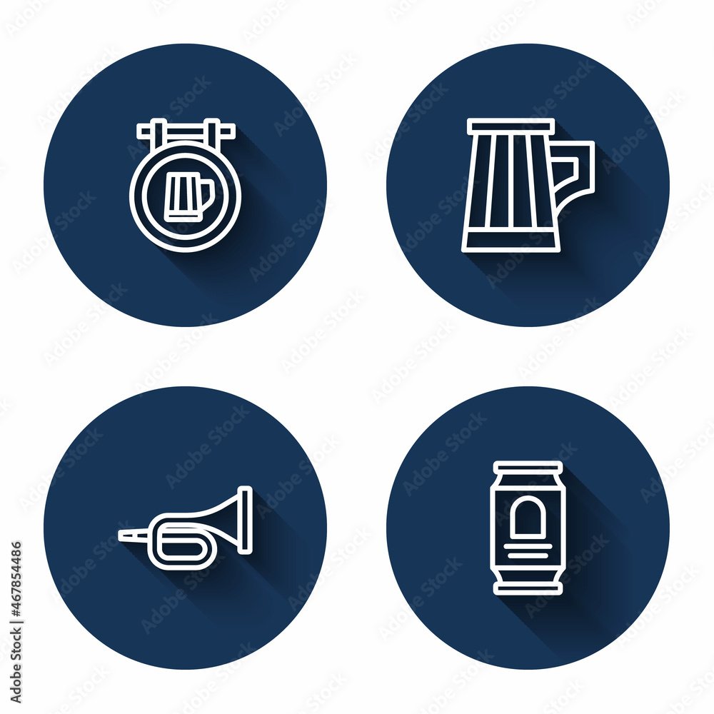 Set line Street signboard with beer, Wooden mug, Trumpet and Beer can with long shadow. Blue circle button. Vector Set line Street signboard with beer, Wooden mug, Trumpet and Beer can with long shadow. Blue circle button. Vector