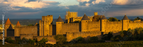 Carcassonne fortification walls seen from vineyards