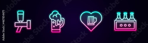 Set line Beer tap, Glass of beer, Heart with glass and Pack bottles. Glowing neon icon. Vector