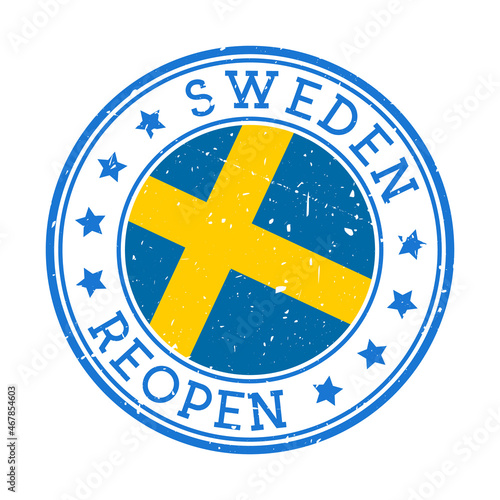 Sweden reopening stamp. Round badge of country with flag of Sweden. Reopening after lockdown sign. Vector illustration.