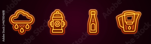 Set line Cloud with rain, Fire hydrant, Bottle of water and Water jug filter. Glowing neon icon. Vector