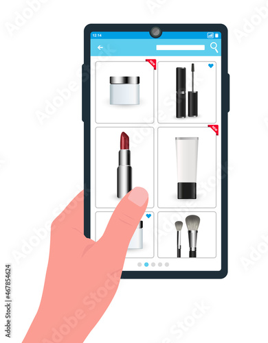 Vector illustration, concept of buying cosmetics in the online store, shopping. Cosmetics store products on the smartphone screen. Hand holding smartphone. View products in the beauty store, purchase.