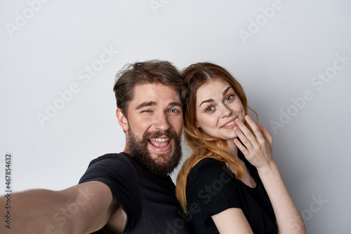 Man and woman together selfie communication emotions isolated background
