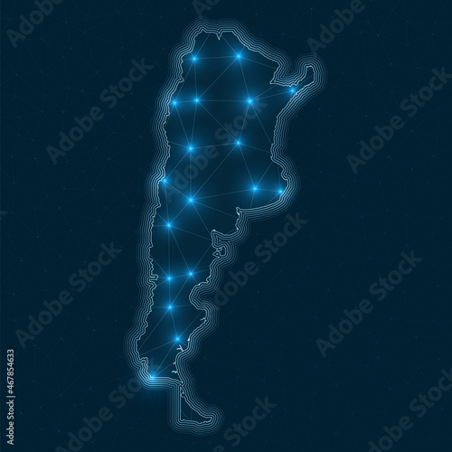 Argentina network map. Abstract geometric map of the country. Digital connections and telecommunication design. Glowing internet network. Classy vector illustration.