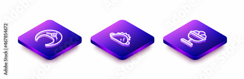 Set Isometric line Fish steak, Taco with tortilla and Ice cream in the bowl icon. Vector