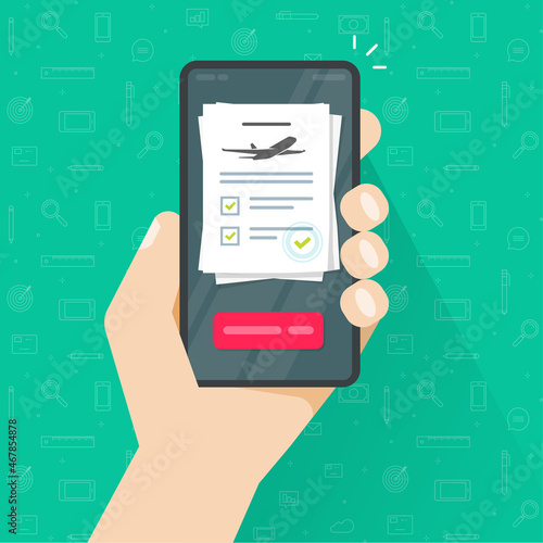 Flight abroad travel insurance online on phone vector or trip safety protection legal document on person man mobile cellphone flat cartoon illustration, airplane accident business care coverage doc